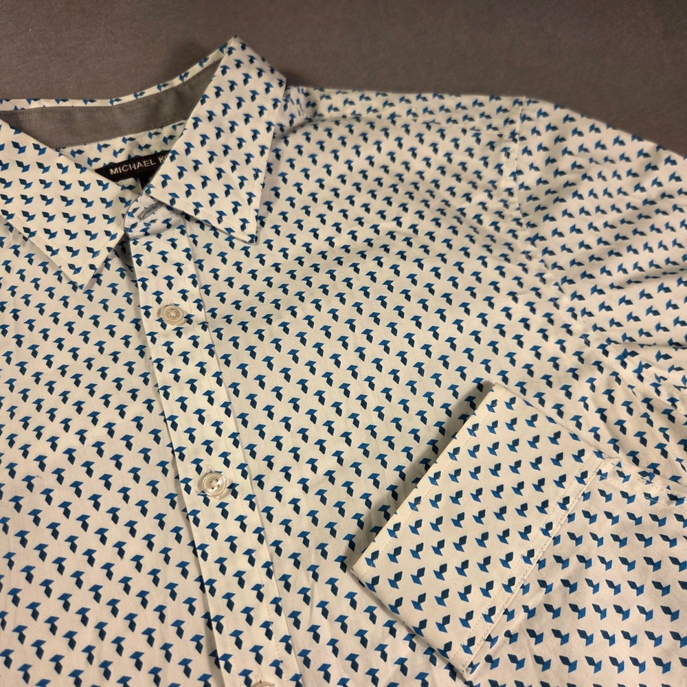 Michael Kors Mens Large Classic Fit Blue Geometric Print Button Down Shirt White